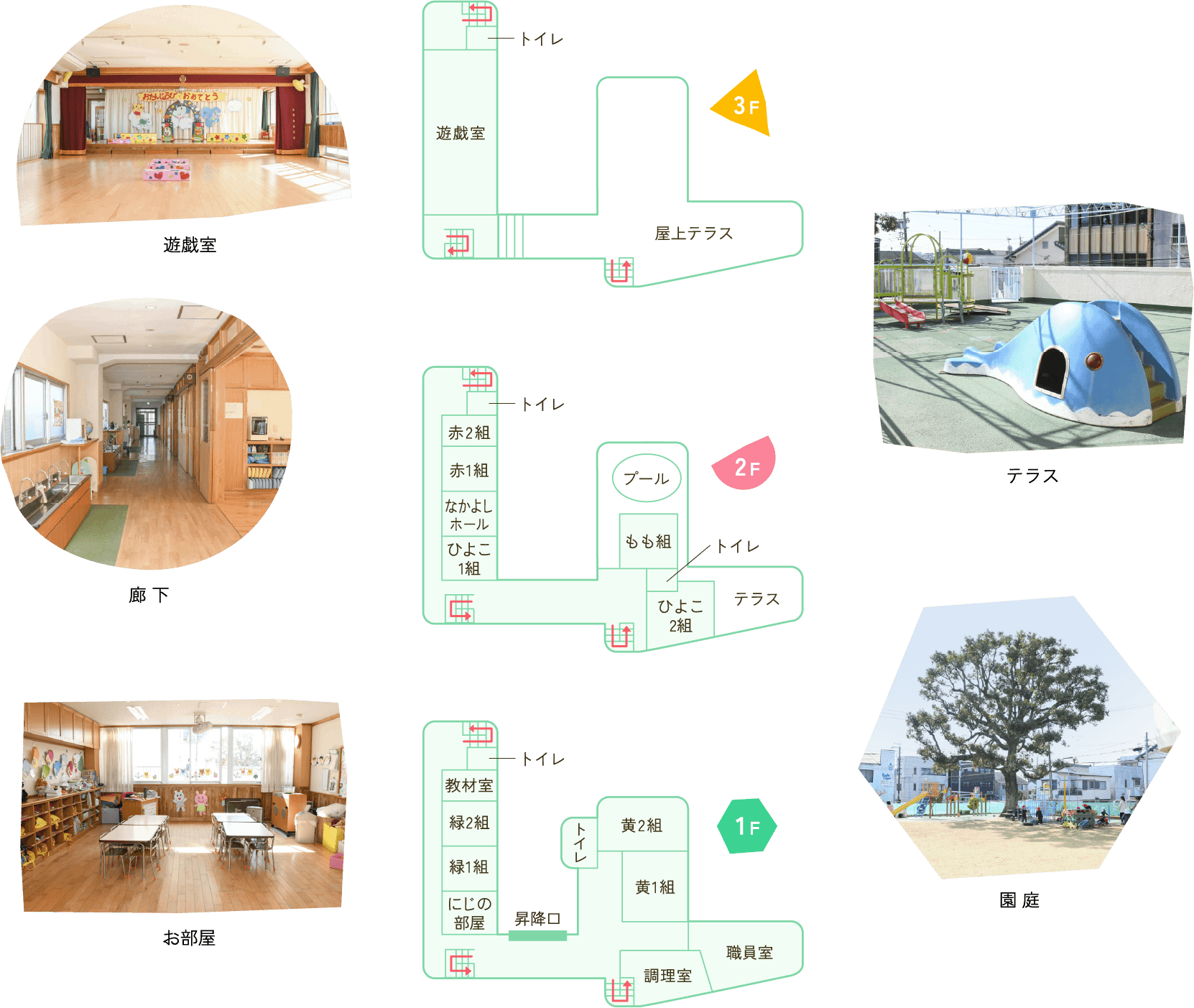 遊戯室 廊下 お部屋 施設平面図 テラス 園庭